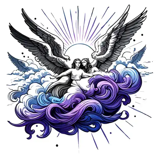 long swirly purple and blue forearm tattoo of angels flying up to clouds w sun rays  tattoo design idea