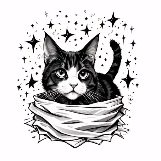 Gothic cat in a ghost sheet with stars and things in the background  tattoo design idea