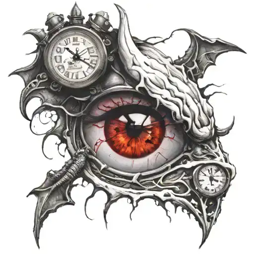 insomnia, bleeding eye, clock, demon holding tattoo design idea