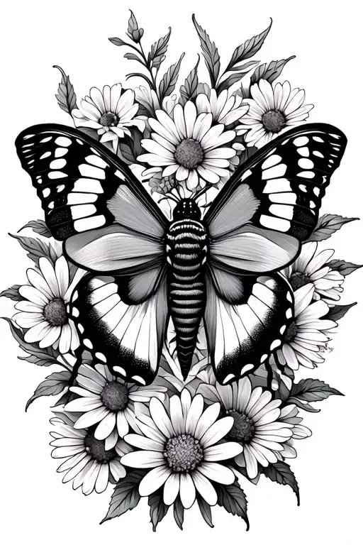 Virgo moth surrounded by aster flowers tattoo design idea