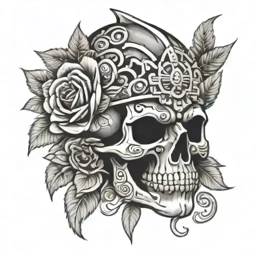 aztec skull with roses intertwined tattoo design idea