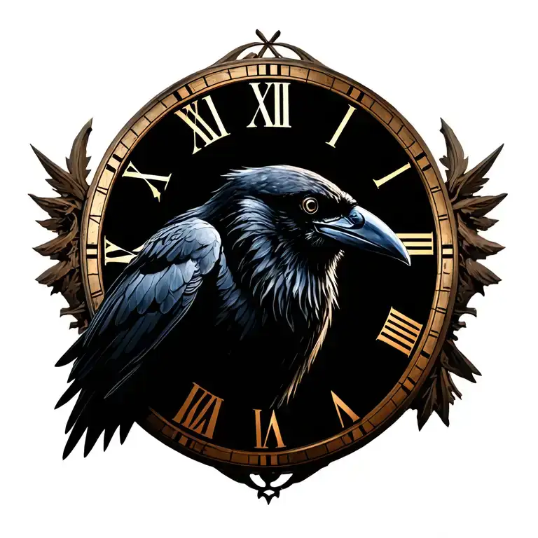 realistic raven in tatical battle gear with a roman numeral clock face in the backgrouns tattoo design idea