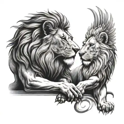 lion, shining light and heaven holding hands tattoo design idea