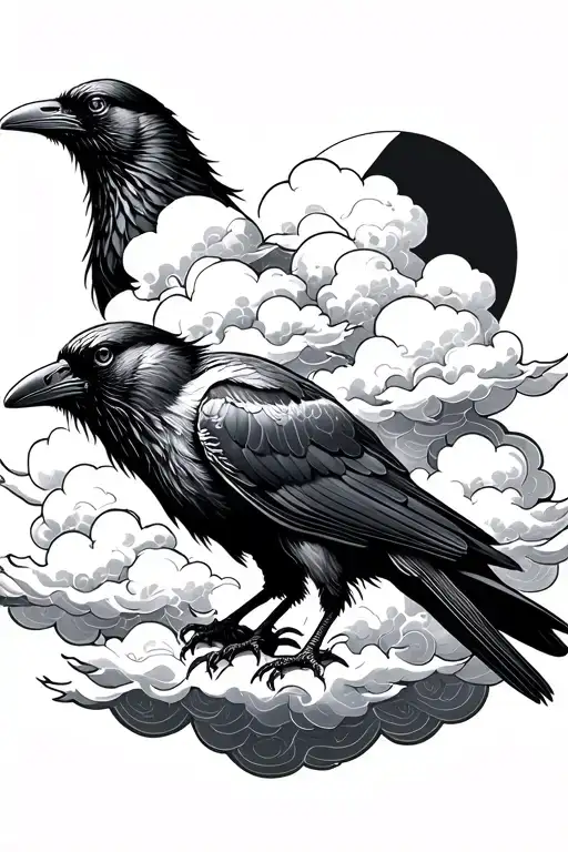 Blackwork raven emerging from Japanese clouds. tattoo design idea
