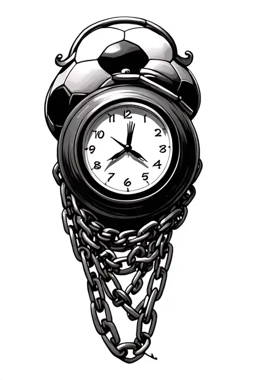 clock and soccer ball with chain wrapped tattoo design idea