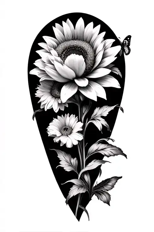 Gladiolu, sunflower, peony, and iris flowers with a butterfly  tattoo design idea