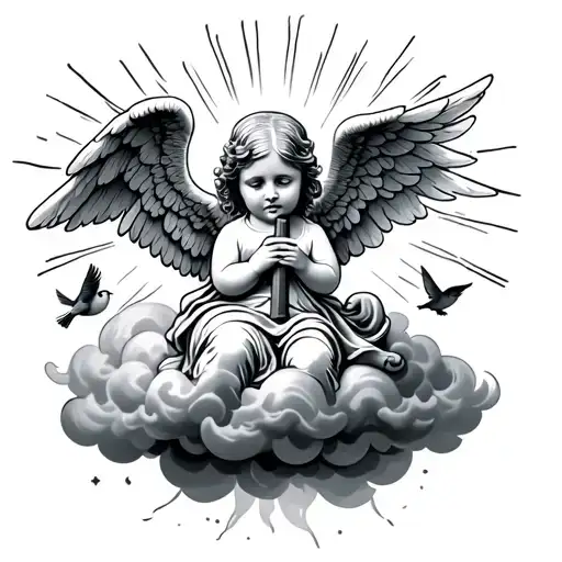 baby angel holding a cross on a cloud rays coming out of cloudand little bird flying around her tattoo design idea