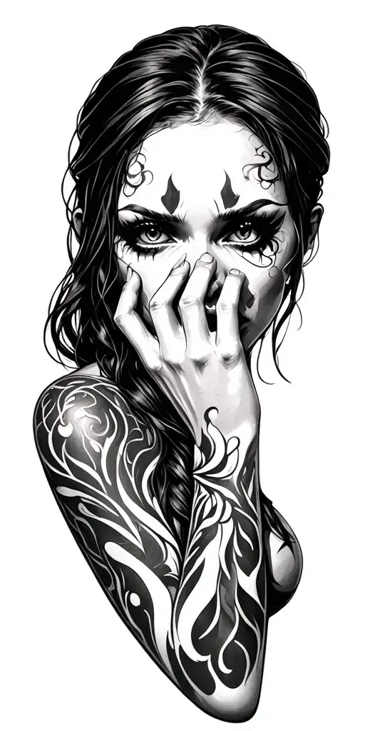 Mysterious Woman with Hidden Eyes (Shushing Gesture) tattoo design idea