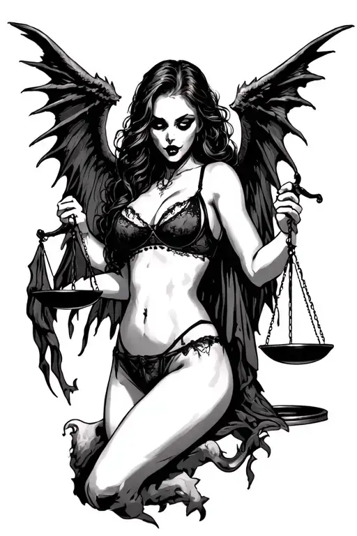 Scary girl in sexy lingerie with demon wings holds scales of justice tattoo design idea