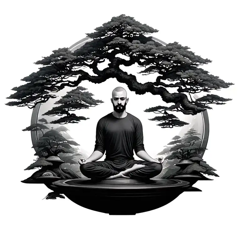 guy with short beard and bald fade short hair on top meditating inside bonsai tree tattoo design idea