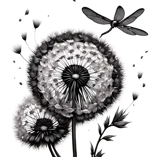 dandelion blowing with dragonfly between the seeds  tattoo design idea