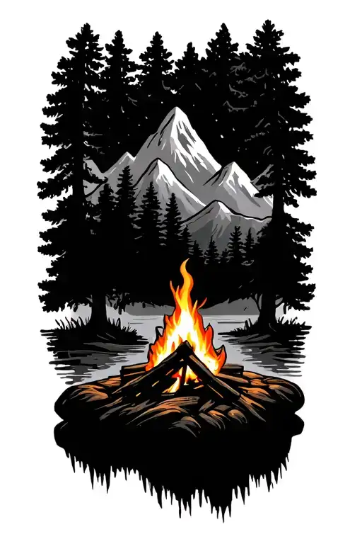 mountains behind oak tree and campfire tattoo design idea