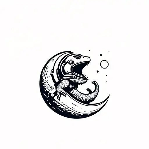 a bearded dragon curled around a tiny moon like it's a heat lamp wearing an astronaut helmet  tattoo design idea