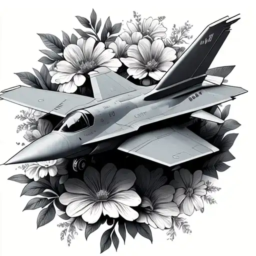 f22 raptor fighter jet with flowers tattoo design idea