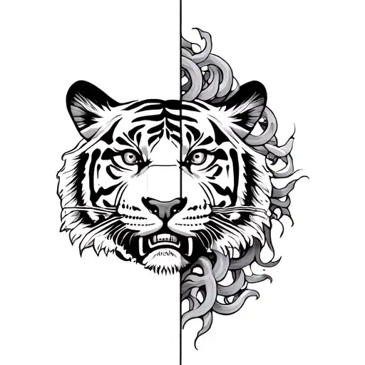 classic tiger face with medusa in mouth, make only left half of face tattoo design idea