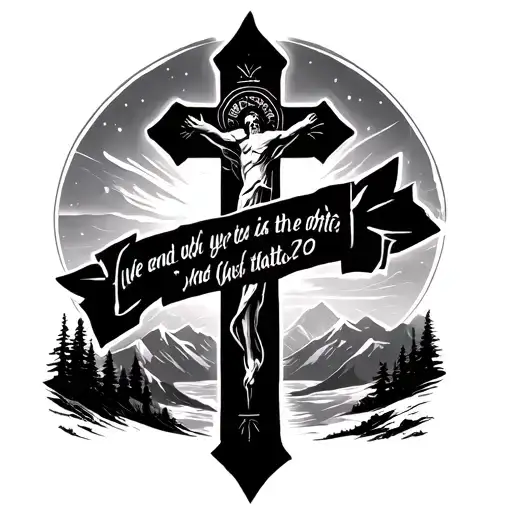 Cross symbol with light mountains in background, verse Matthew 17:20 inside cross tattoo design idea