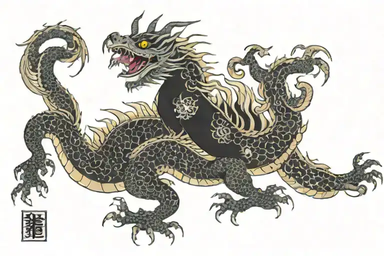 black Japan dragon without wings spread wide tattoo design idea
