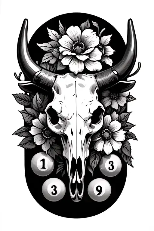 bull skull, tooled leather, pistols crossing, flowers, billiard balls 1 and 9, western Chico tattoo design idea