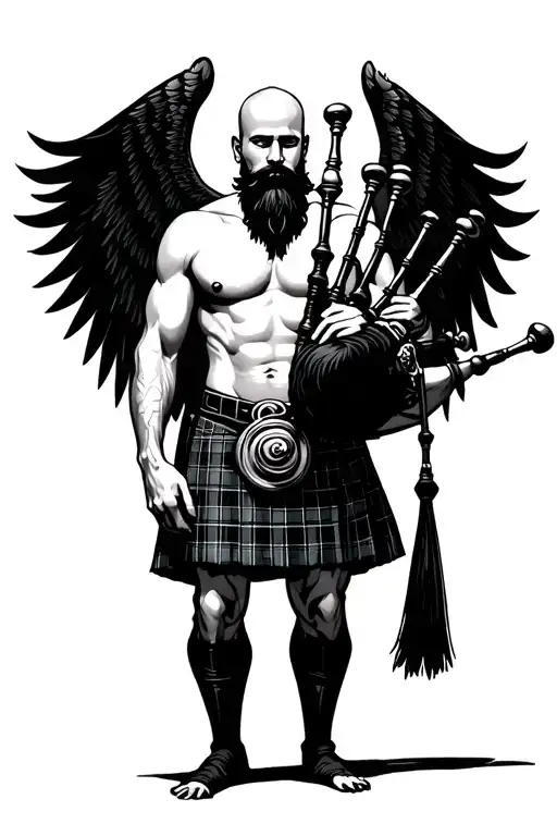 legless shirtless muscular bagpiper bald black beard playing bagpipes huge black wings black background tattoo design idea