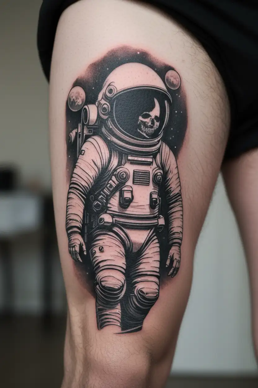 Abstract dark dead astronaut floating in space tattoo design idea