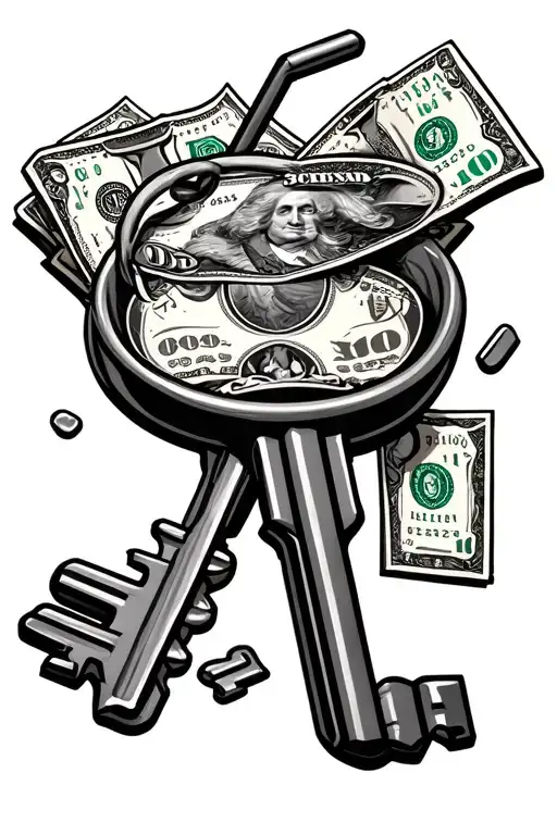 key, money and drinks tattoo design idea