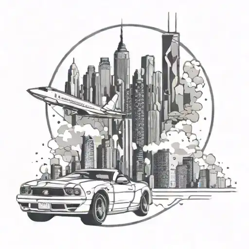 Incorporate elements of New Jersey's skyline into a tattoo of a sports car speeding through a futuristic cityscape, using dotwork style tattoo design idea