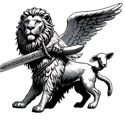 catholic lion lamb angel holding a sword tattoo design idea