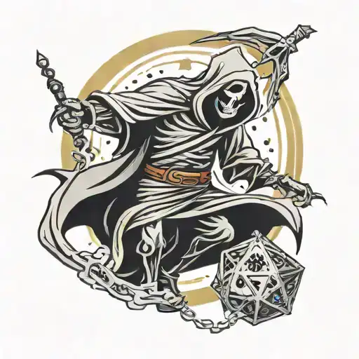 grim reaper rolling a d20, full moon background tattoo design idea