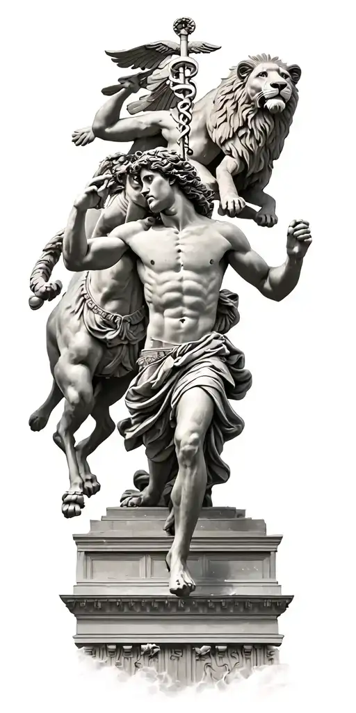 Greek mythology statue of Hermes running with caduceus and a lion above him in a temple. thunder storm around them  tattoo design idea