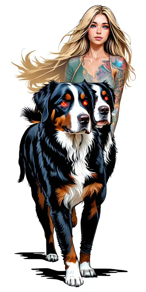 Dark Fantasy style - 2 mystic bernese mountain dogs with glowing red eyes, being walked by a female blonde assasin tattoo design idea