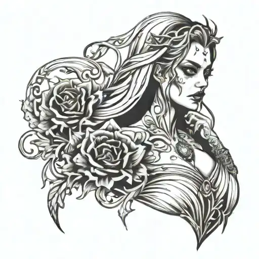 gothic barbaric woman posing tattoo design idea
