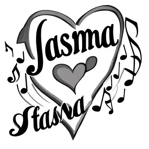 Jasma with hearts and music notes around the name tattoo design idea