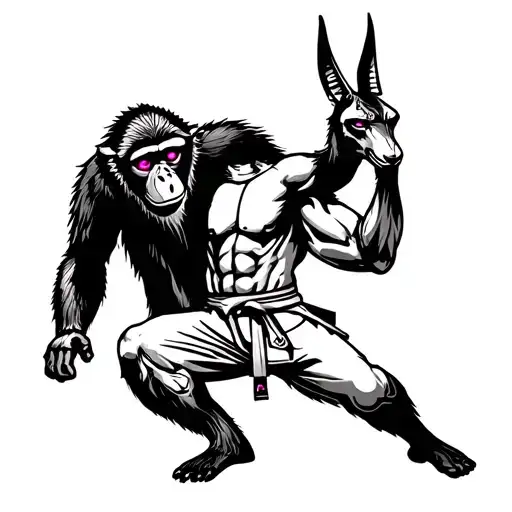 Cyberpunk Egyptian myth: neon Eyes of Horus/Ra, cyber Anubis, and a savage gibbon in a Jiu-Jitsu pose—ancient gods meet  tattoo design idea