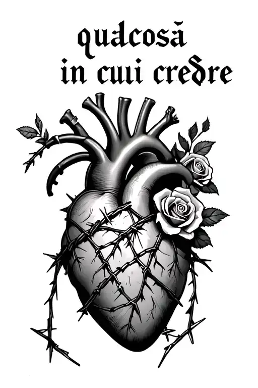 anatomic heart with barbed wire wrapped and some roses, and the phrase "qualcosa in cui credere" tattoo design idea