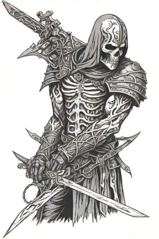 the death looking straight converted in a warrior holding a blade and a lot of lines all over It with It normal dressing tattoo design idea