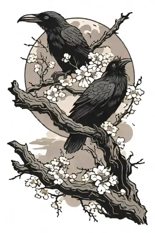A black raven, holding a branch of sakura in its paws, above it the moon, a cloud, on the cloud the shadow of a boy tattoo design idea