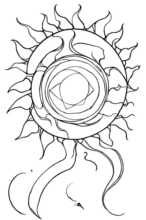  sun from the movie tangled with extra bits such as starts and lines to make the tattoo longer. fine line  tattoo design idea