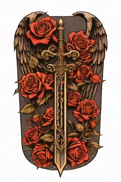angel wings behind a sword, roses tattoo design idea