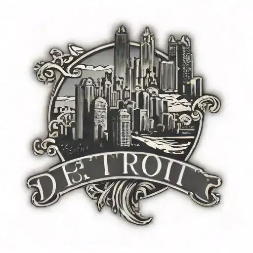 D (in old English font singular letter) surrounded by detroit city skyline silhouette in the background tattoo design idea