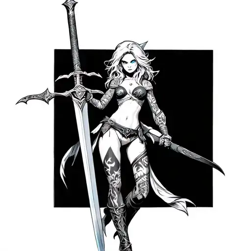 sexy elf female warrior, very big boobs, messy hair, sword, naked, sexual, color, blue eyes, tattoo design idea