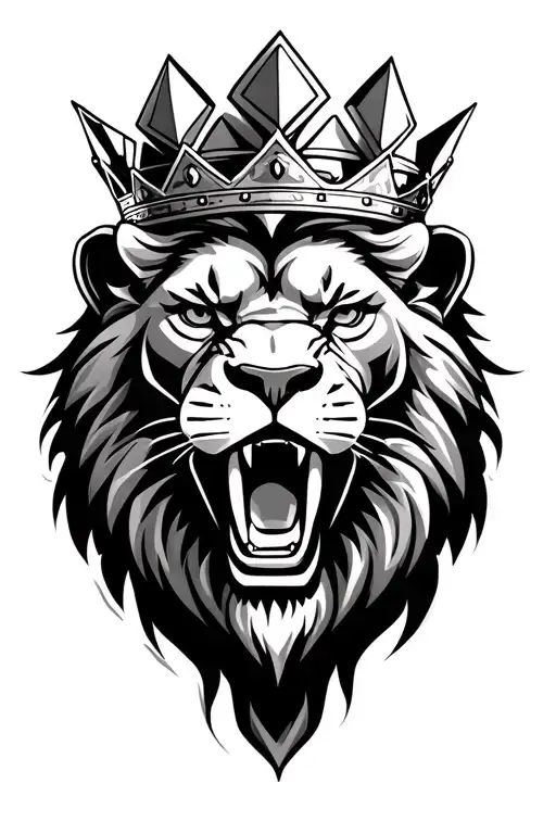 A roaring lion head with a crown made of cash folds and diamond shapes. Strong shading, clean lines, energy radiating fr tattoo design idea