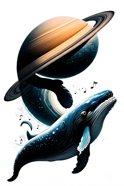 Saturn, Whale, cosmic universe, Ocean wave, with music. tattoo design idea