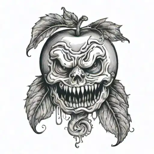 rotten apple with a face and worms coming out of it tattoo design idea