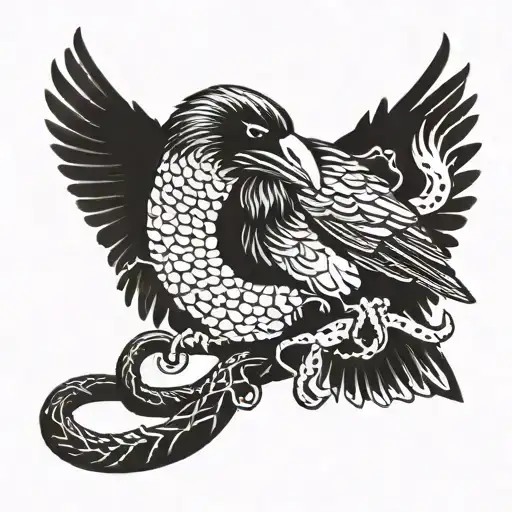 raven eating snake tattoo design idea