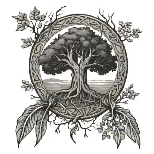 nordic runes on hand tied together by roots of a tree tattoo design idea