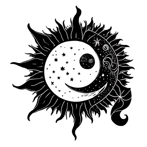 The moon and the sun in fine lines tattoo design idea