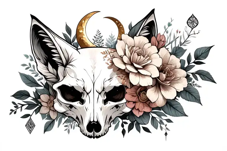 Fox skull, crescent moons, runes, goth, flowers tattoo design idea
