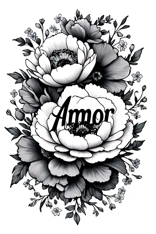 word Amor surrounded by flowers: peonies, poppies and forget-me-nots tattoo design idea