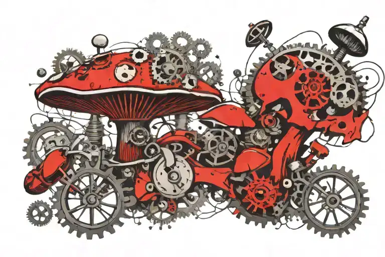 mushrooms growing out of steampunk cogs tattoo design idea