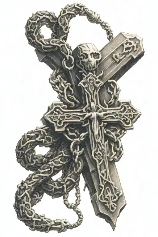 rosary pray hands with large cross with a snake around the cross tattoo design idea
